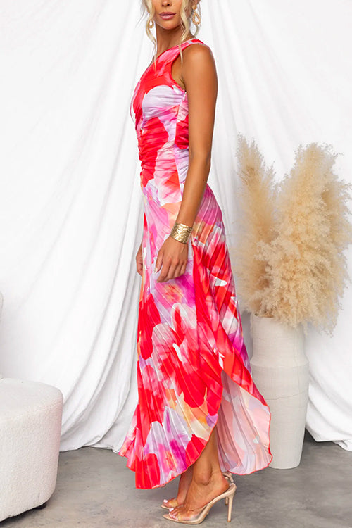 Kacie | One-Shoulder Pleated Print Dress
