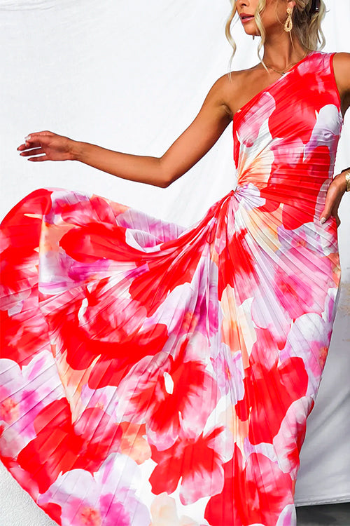 Kacie | One-Shoulder Pleated Print Dress