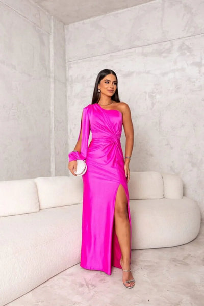 Yolina | One-Shoulder Satin Dress with Side Slit