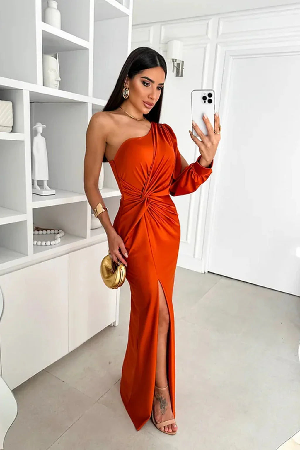 Yolina | One-Shoulder Satin Dress with Side Slit