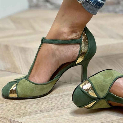 Marta™ | Vibrant Green T‑Strap Patchwork Heels