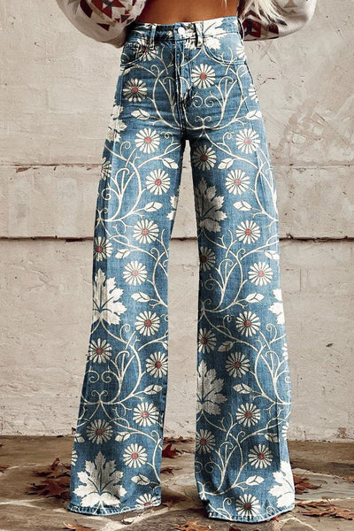 Margherita | Boho High-Waist Printed Wide-Leg Trousers