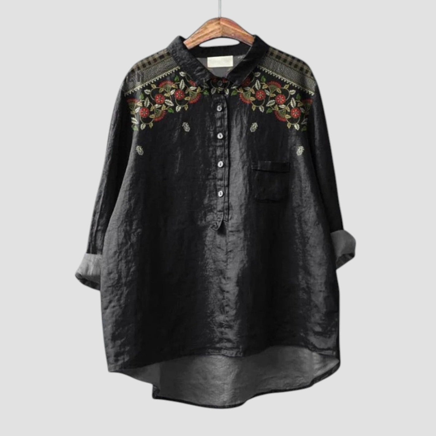 Carina | Oversized black shirt with floral embroidery for an elegant and relaxed style