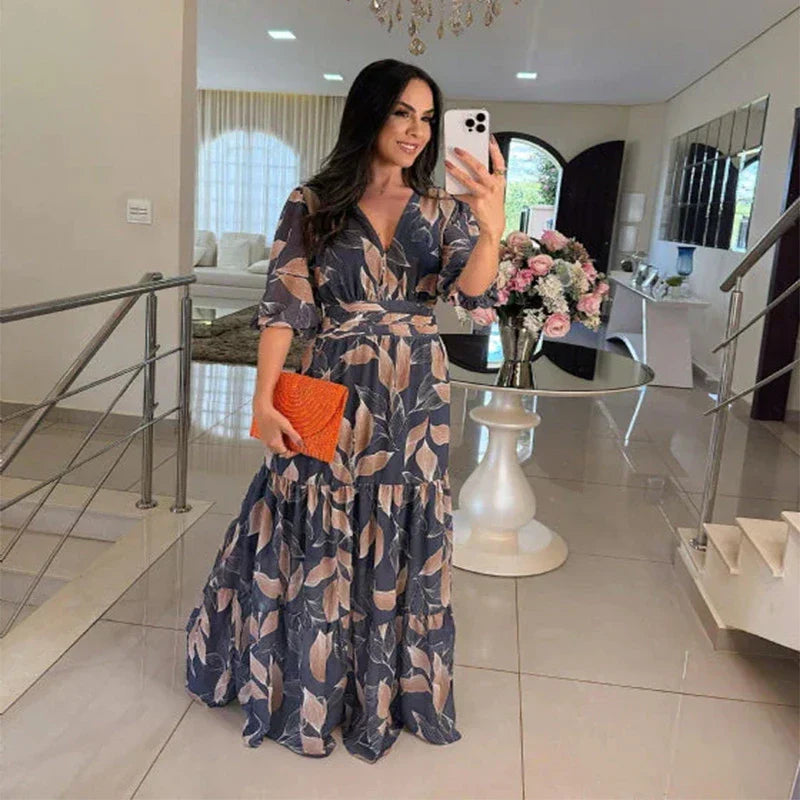 Camille | Leaf-Print Ruffle Maxi Dress