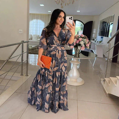 Camille | Leaf-Print Ruffle Maxi Dress