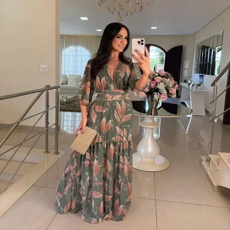 Camille | Leaf-Print Ruffle Maxi Dress