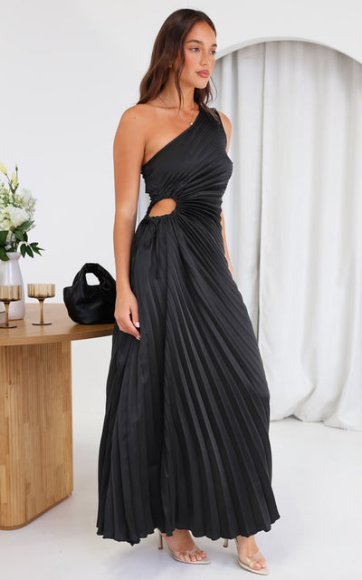 Rochelle | Jet-Black One-Shoulder Pleated Maxi Dress