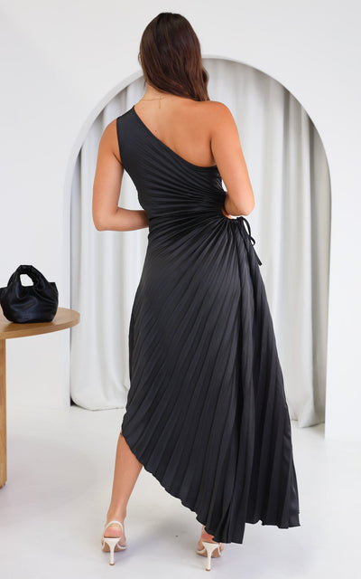Rochelle | Jet-Black One-Shoulder Pleated Maxi Dress