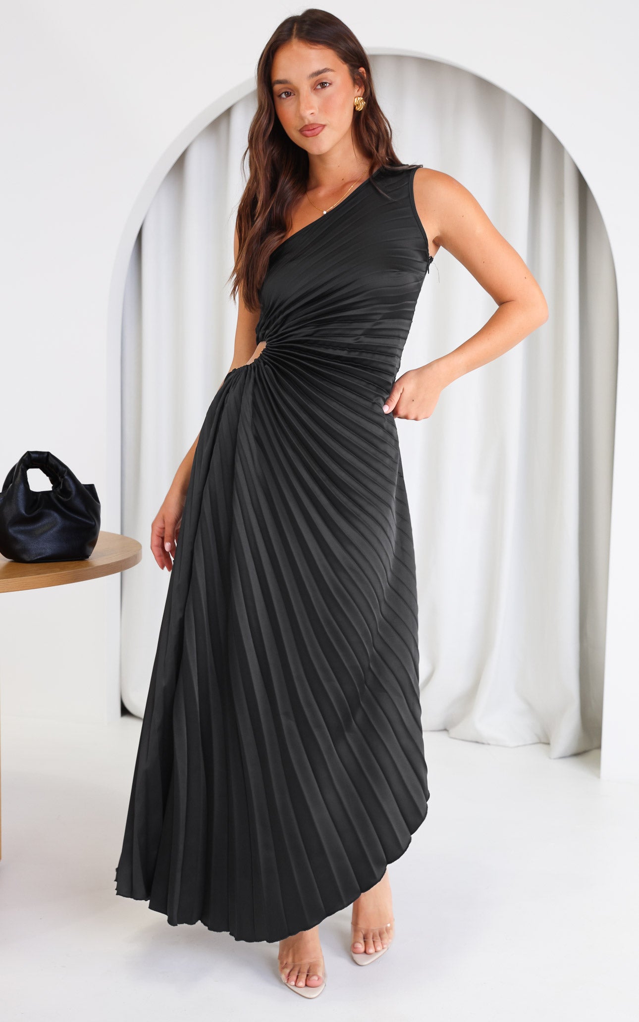 Rochelle | Jet-Black One-Shoulder Pleated Maxi Dress