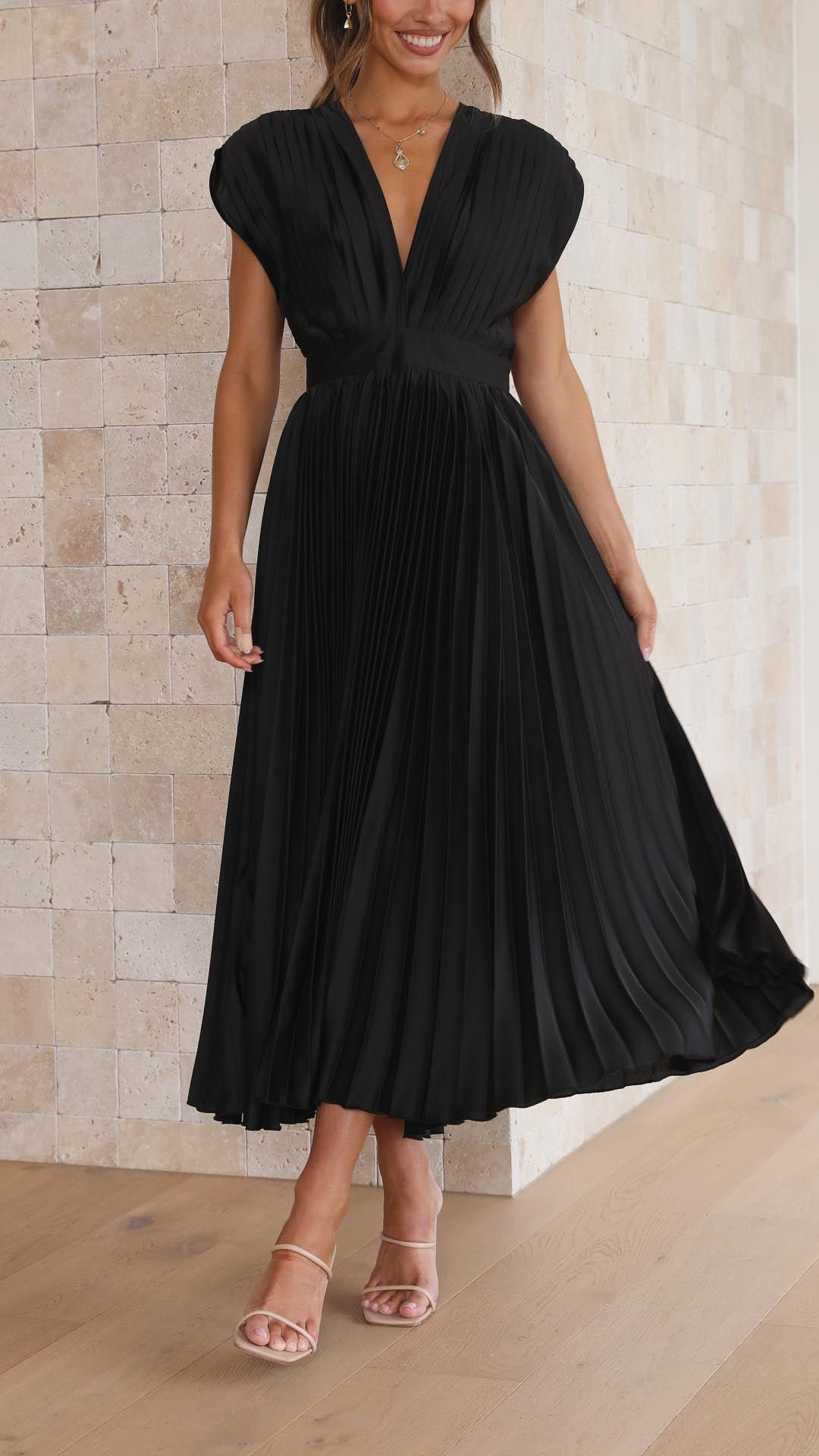 Alexis | Draped V-Neck High-Waist Pleated Dress