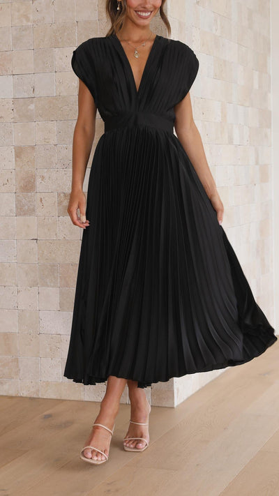 Alexis | Draped V-Neck High-Waist Pleated Dress