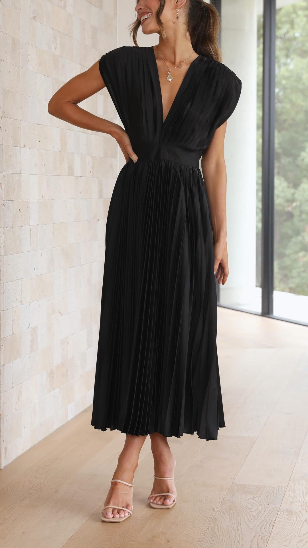Alexis | Draped V-Neck High-Waist Pleated Dress