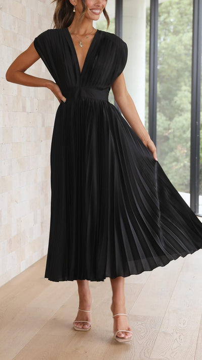 Alexis | Draped V-Neck High-Waist Pleated Dress