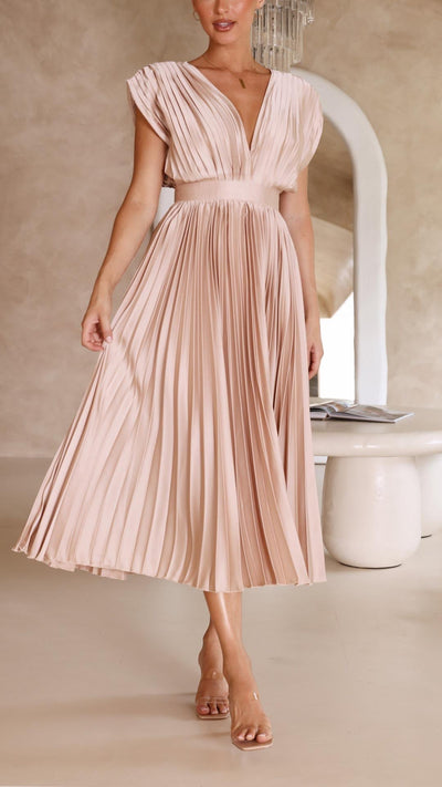 Alexis | Draped V-Neck High-Waist Pleated Dress