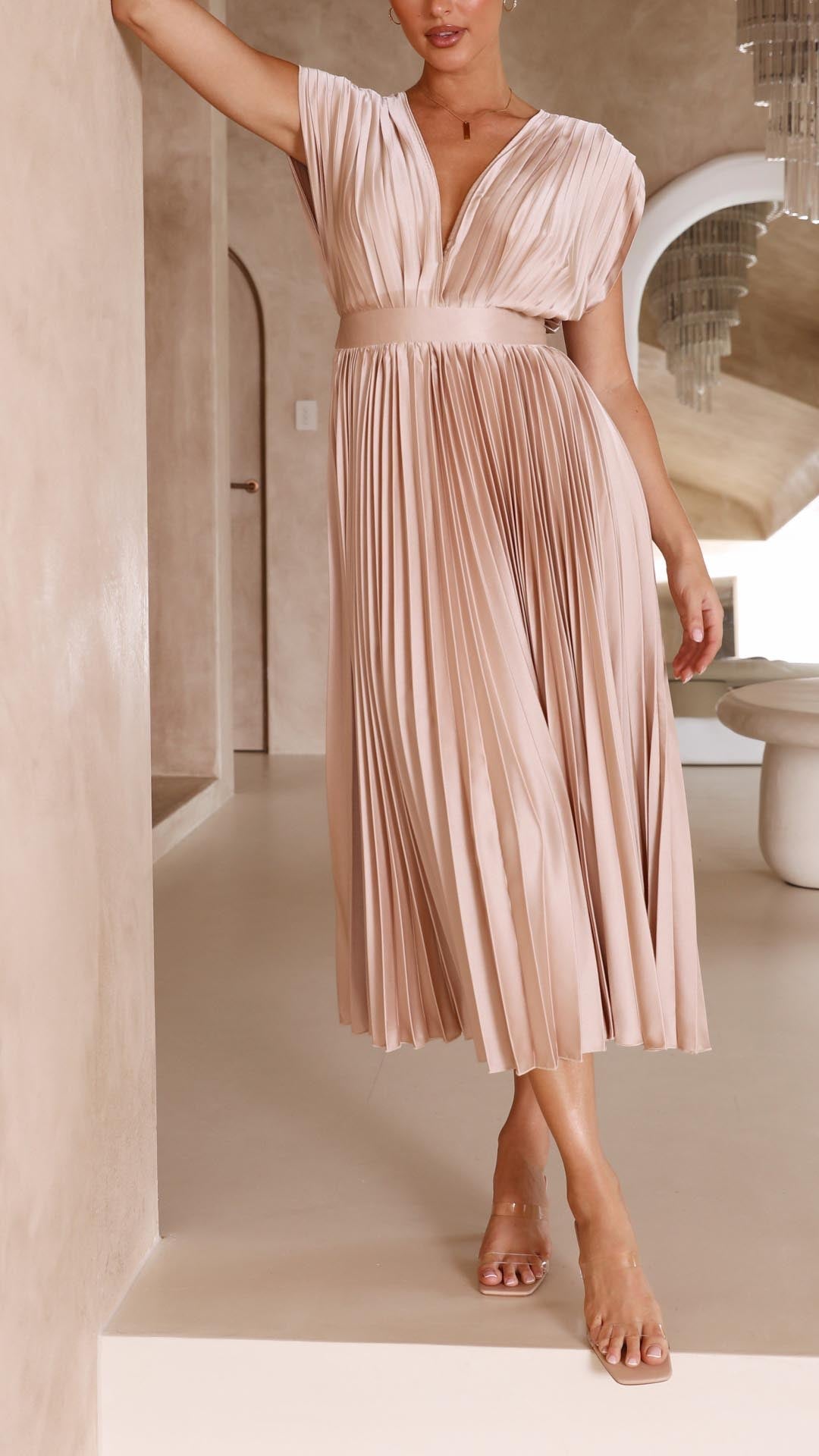 Alexis | Draped V-Neck High-Waist Pleated Dress