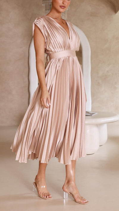 Alexis | Draped V-Neck High-Waist Pleated Dress