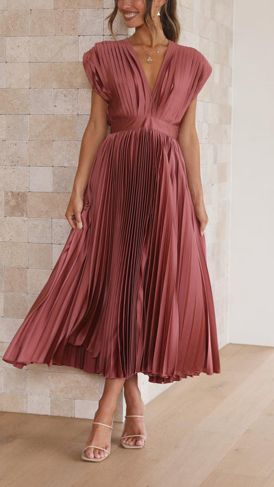 Alexis | Draped V-Neck High-Waist Pleated Dress