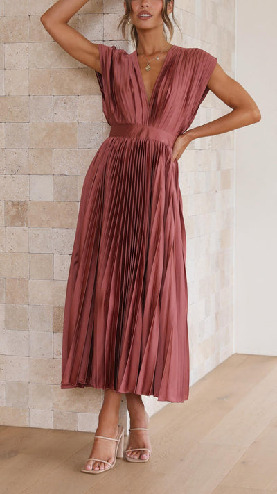 Alexis | Draped V-Neck High-Waist Pleated Dress