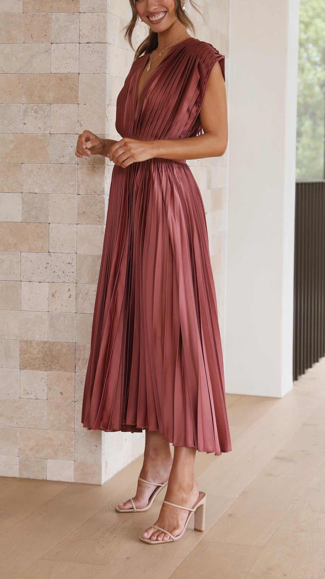 Alexis | Draped V-Neck High-Waist Pleated Dress