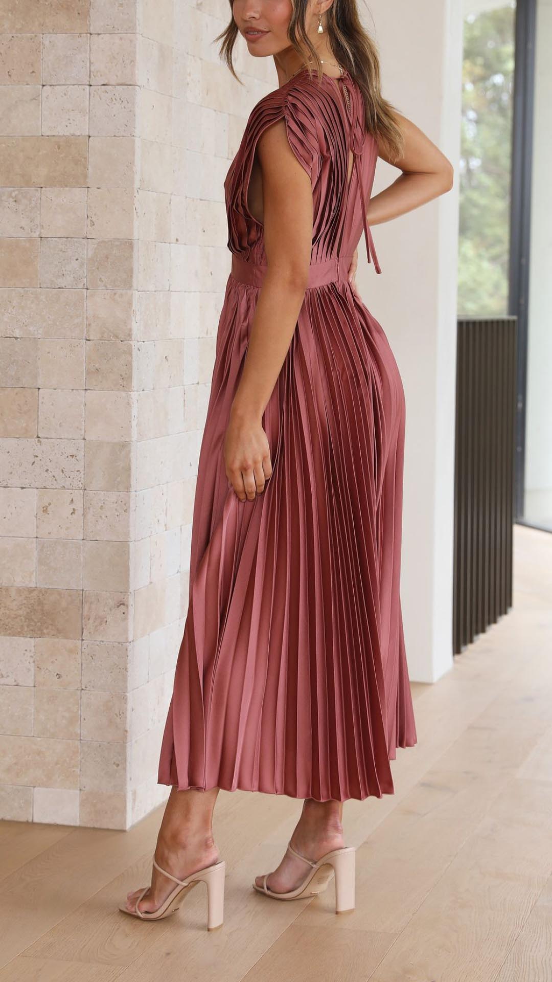 Alexis | Draped V-Neck High-Waist Pleated Dress
