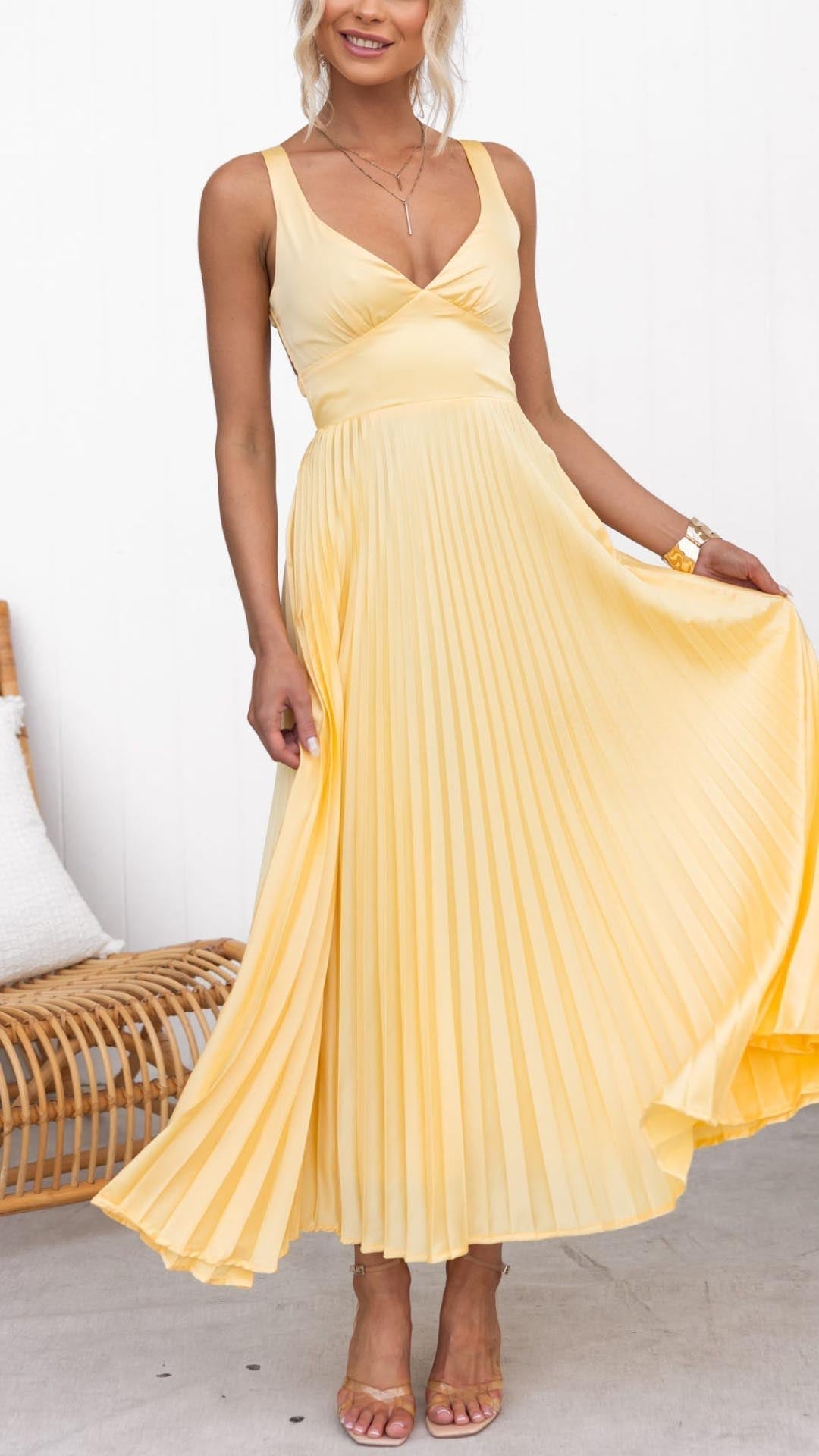 Aby | Marigold Pleated V-Neck Maxi with Crossback Straps