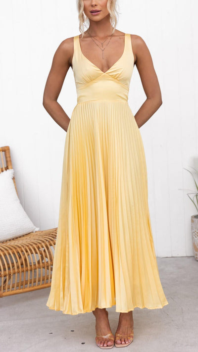 Aby | Marigold Pleated V-Neck Maxi with Crossback Straps