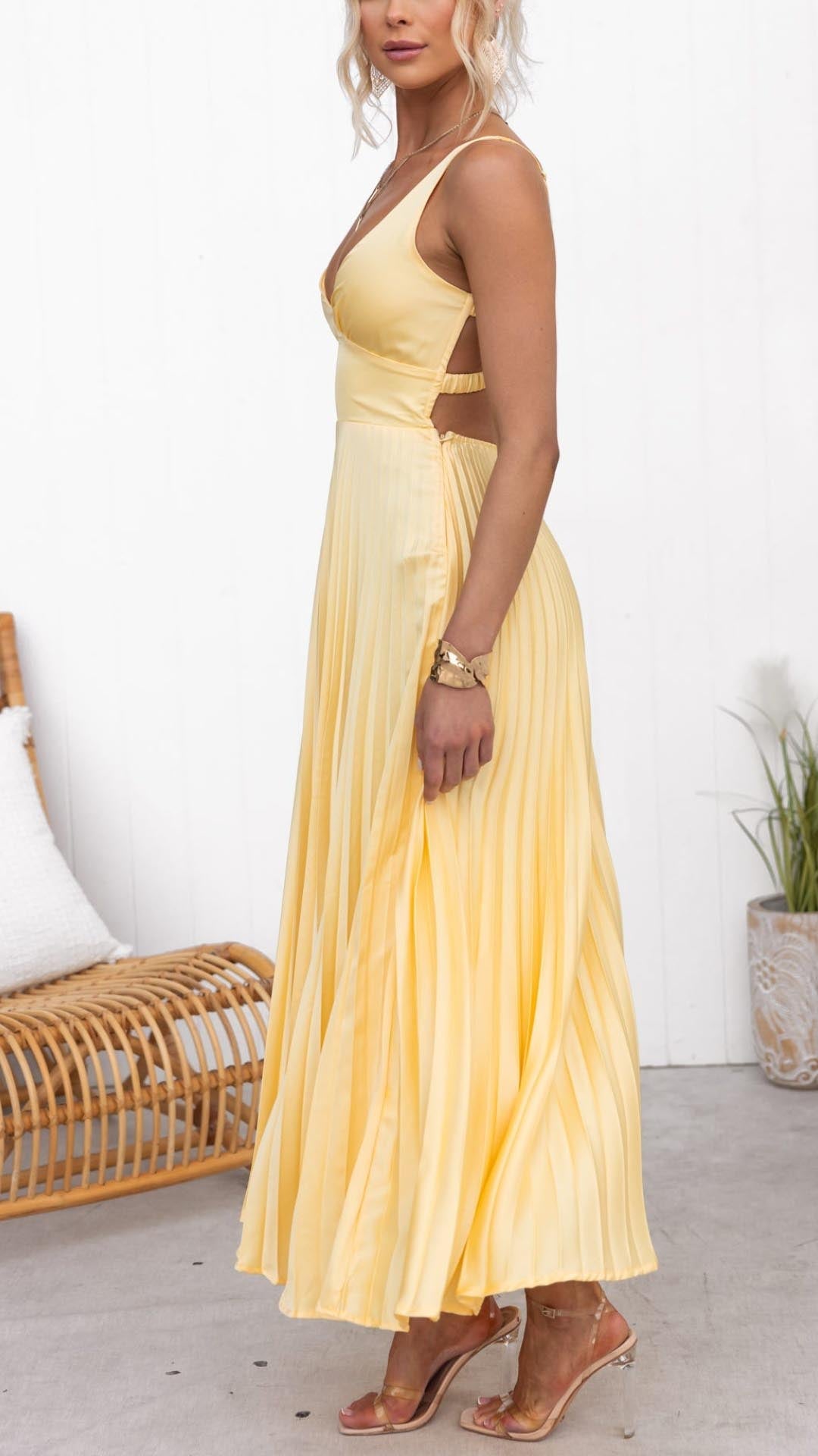 Aby | Marigold Pleated V-Neck Maxi with Crossback Straps