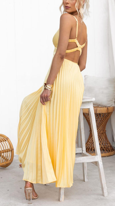 Aby | Marigold Pleated V-Neck Maxi with Crossback Straps