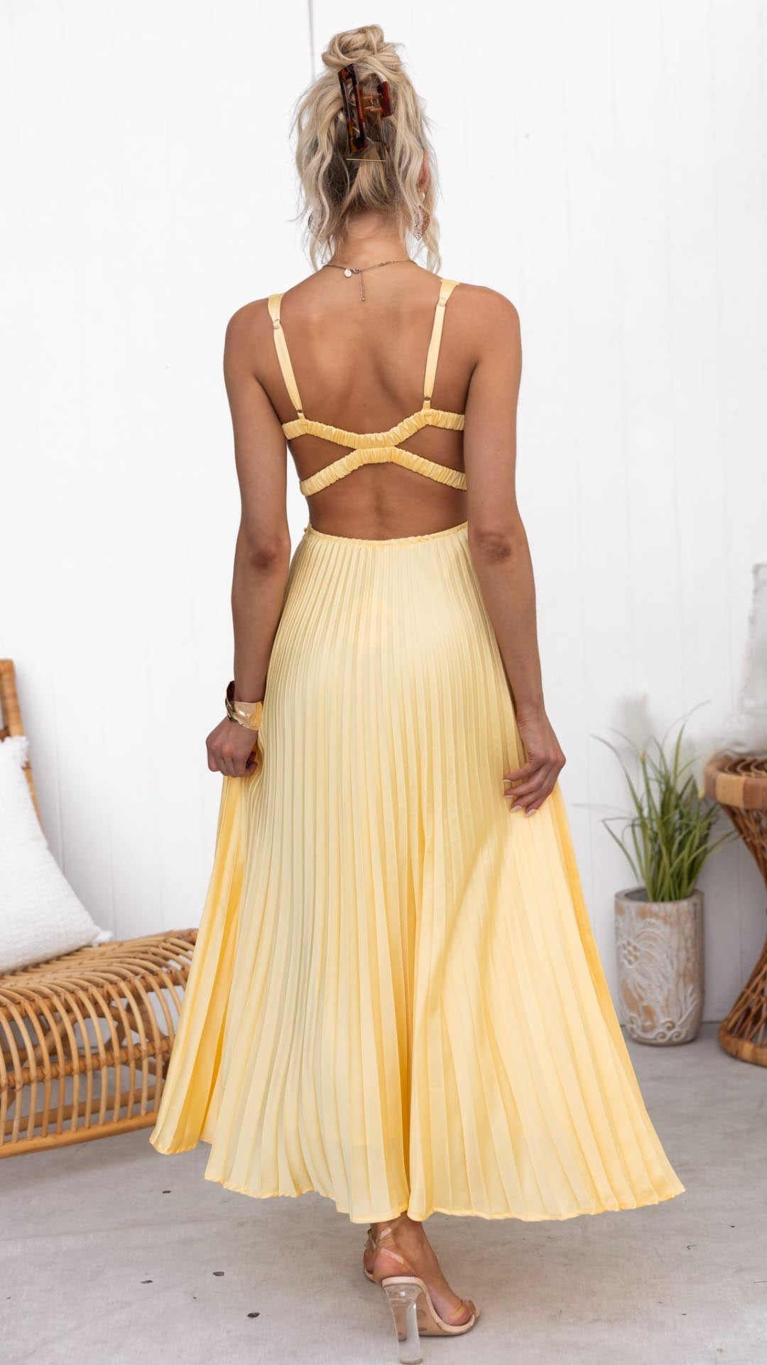 Aby | Marigold Pleated V-Neck Maxi with Crossback Straps