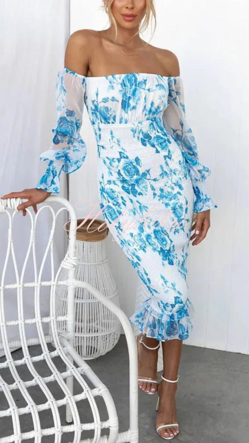 Dahlia | Ruffled Floral Off-Shoulder Midi Dress