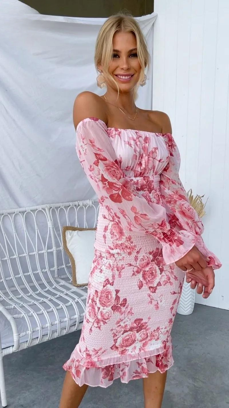 Dahlia | Ruffled Floral Off-Shoulder Midi Dress
