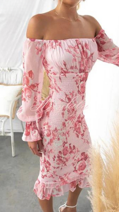Dahlia | Ruffled Floral Off-Shoulder Midi Dress