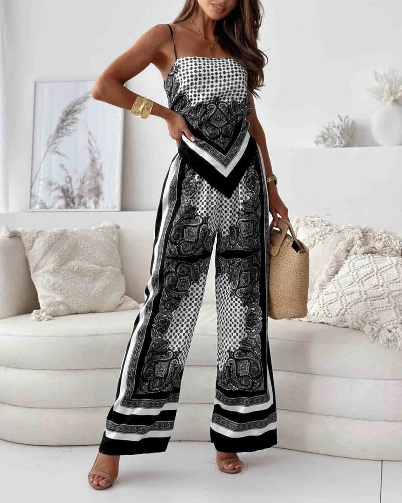 Alya | Boho Scarf-Print Set with Tie-Back Top & High-Waist Wide-Leg Pants