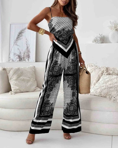 Alya | Boho Scarf-Print Set with Tie-Back Top & High-Waist Wide-Leg Pants