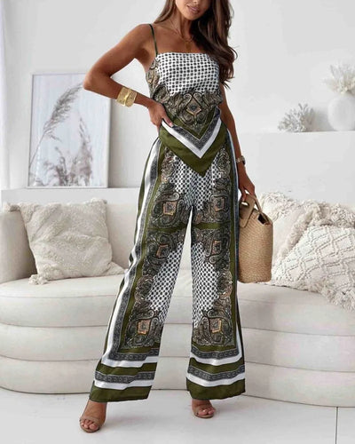 Alya | Boho Scarf-Print Set with Tie-Back Top & High-Waist Wide-Leg Pants