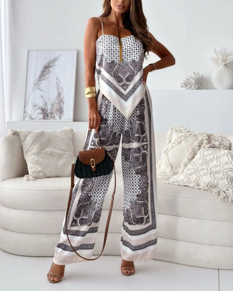Alya | Boho Scarf-Print Set with Tie-Back Top & High-Waist Wide-Leg Pants