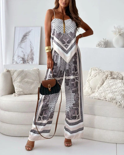 Alya | Boho Scarf-Print Set with Tie-Back Top & High-Waist Wide-Leg Pants