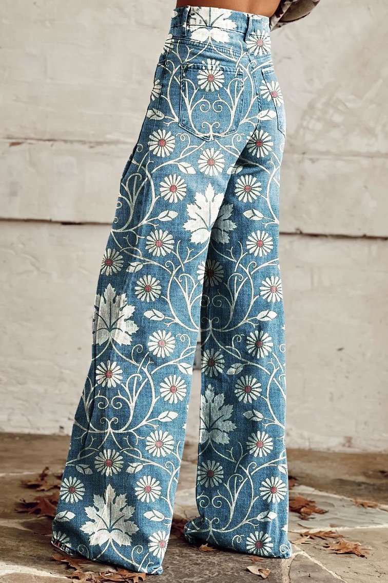 Margherita | Boho High-Waist Printed Wide-Leg Trousers