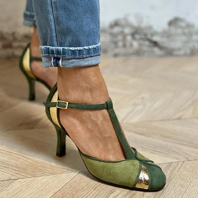 Marta™ | Vibrant Green T‑Strap Patchwork Heels