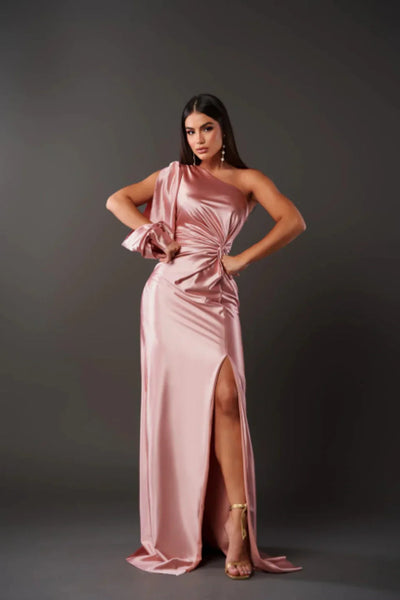 Yolina | One-Shoulder Satin Dress with Side Slit